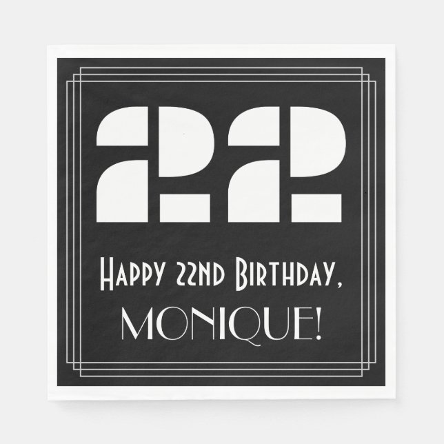 22nd Birthday: Art Deco Inspired Look "22" + Name Napkins (Front)