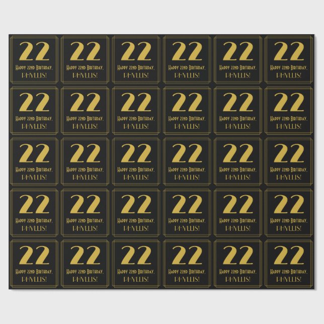22nd Birthday ~ Art Deco Inspired Look "22", Name Wrapping Paper (Flat)