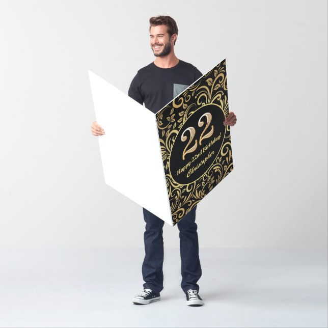 22nd Birthday Black and Gold Floral Pattern Large Card (In Situ)
