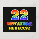 [ Thumbnail: 22nd Birthday: Bold, Fun, Simple, Rainbow 22 Postcard ]