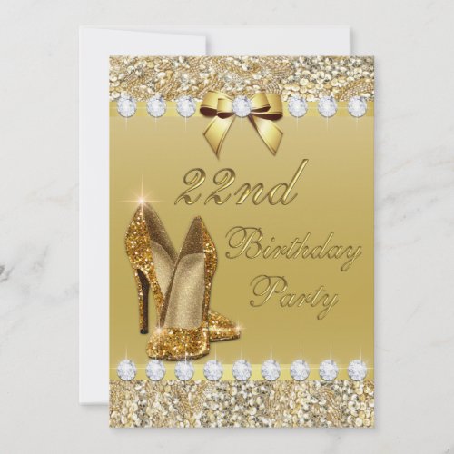 22nd Birthday Classy Gold Heels Sequins Diamonds Invitation