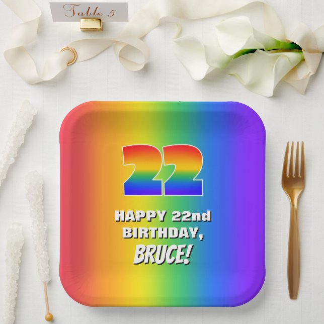 22nd Birthday: Colorful, Fun Rainbow Pattern # 22 Paper Plates (Wedding)