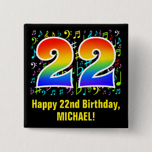 22nd Birthday: Colorful Music Symbols, Rainbow 22 Button