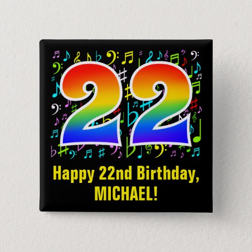 22nd Birthday Colorful Music Symbols Rainbow 22 Button