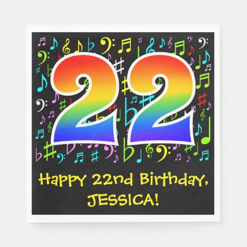 22nd Birthday _ Colorful Music Symbols Rainbow 22 Napkins