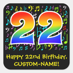 22nd Birthday: Colorful Music Symbols, Rainbow 22 Square Sticker