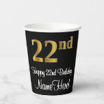 [ Thumbnail: 22nd Birthday - Elegant Luxurious Faux Gold Look # Paper Cups ]