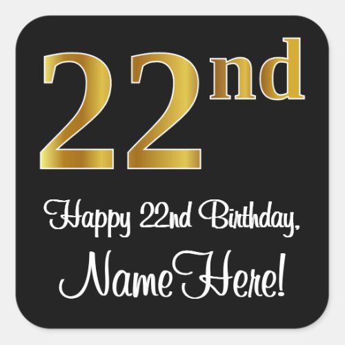 22nd Birthday  Elegant Luxurious Faux Gold Look  Square Sticker