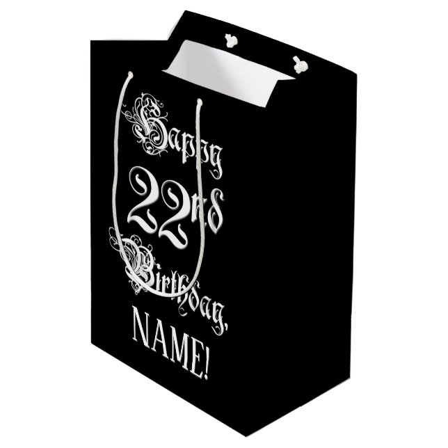 22nd Birthday: Fancy, Elegant Script + Custom Name Medium Gift Bag (Back Angled)