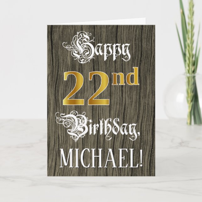 22nd Birthday: Faux Gold Look + Faux Wood Pattern Card (Front)