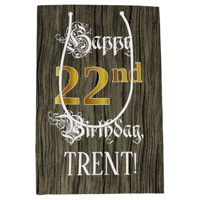 22nd Birthday: Faux Gold Look & Faux Wood Pattern Medium Gift Bag (Front)