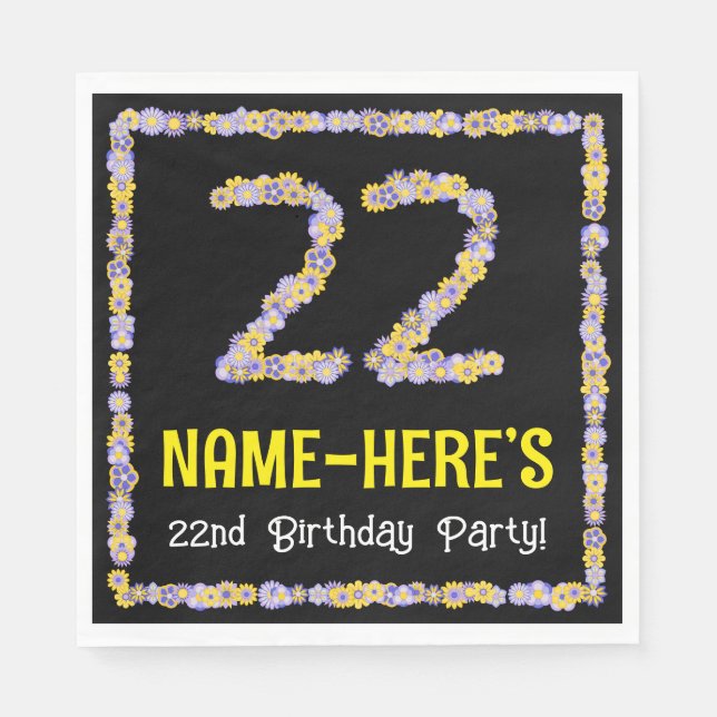 22nd Birthday: Floral Flowers Number, Custom Name Napkins (Front)