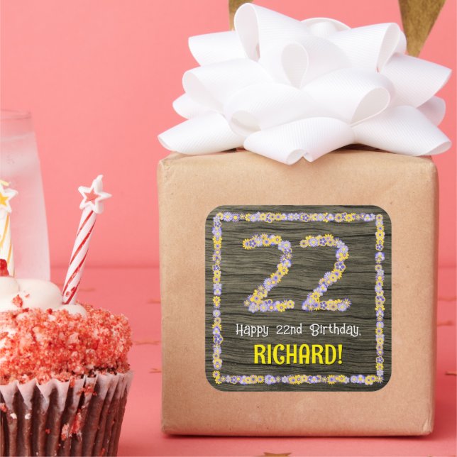 22nd Birthday: Floral Number, Faux Wood Look, Name Square Sticker (Party)