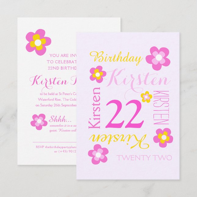 22nd birthday flower graphic yellow pink surprise invitation (Front/Back)