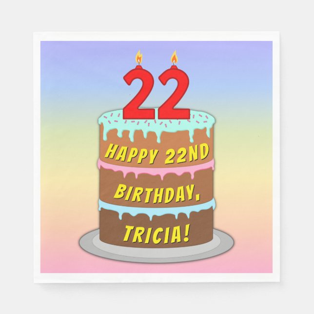 22nd Birthday: Fun Cake and Candles + Custom Name Napkins (Front)
