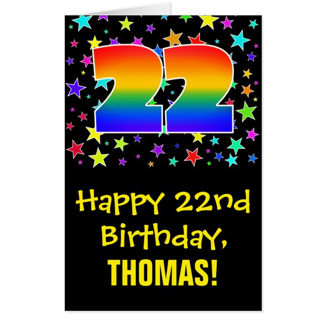 22nd Birthday: Fun, Colorful Stars + Rainbow # 22 Card (Front)