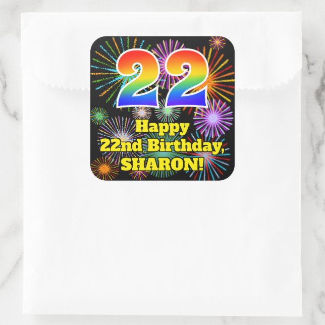 22nd Birthday: Fun Fireworks Look, Rainbow # 22 Square Sticker (Bag)