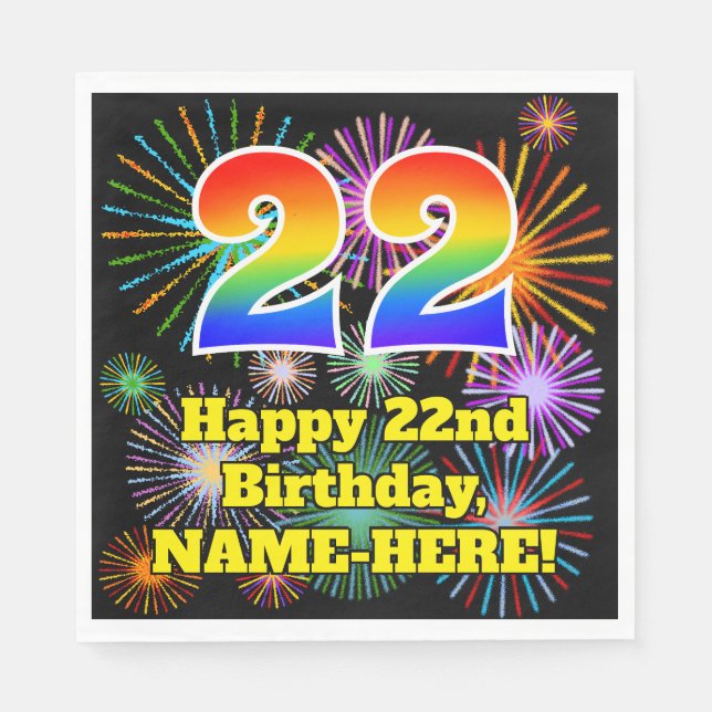 22nd Birthday: Fun Fireworks Pattern + Rainbow 22 Napkins (Front)