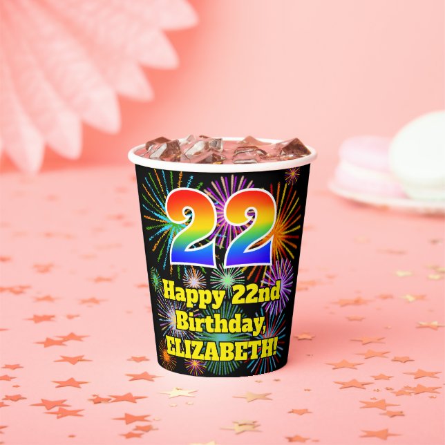 22nd Birthday: Fun Fireworks Pattern + Rainbow 22 Paper Cups (Insitu)