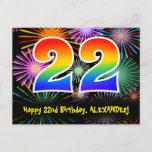 [ Thumbnail: 22nd Birthday – Fun Fireworks Pattern + Rainbow 22 Postcard ]