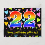[ Thumbnail: 22nd Birthday: Fun Hearts Pattern, Rainbow 22 Postcard ]