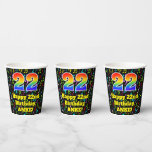 [ Thumbnail: 22nd Birthday: Fun Music Notes Pattern, Rainbow 22 Paper Cups ]