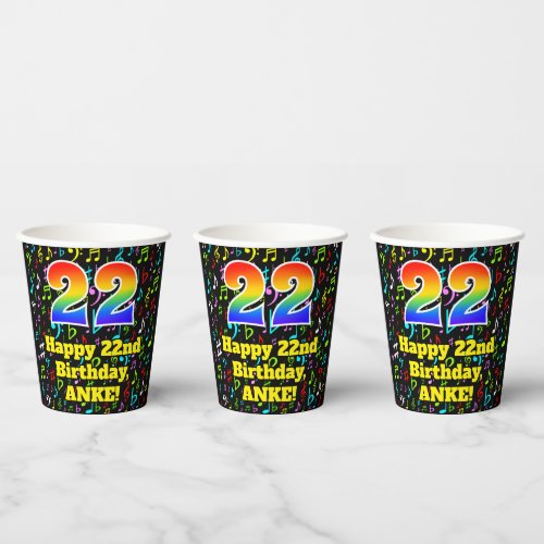 22nd Birthday Fun Music Notes Pattern Rainbow 22 Paper Cups