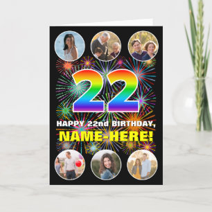 22nd Birthday: Fun Rainbow #, Custom Name & Photos Card