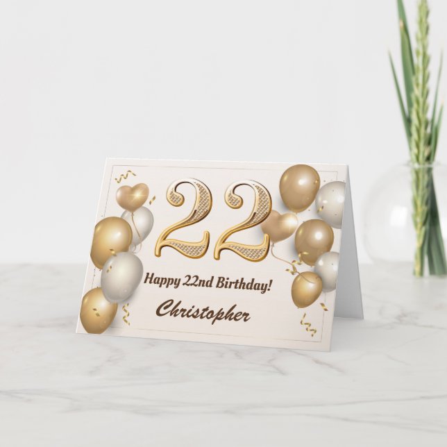 22nd Birthday Gold Balloons and Confetti Birthday Card (Front)