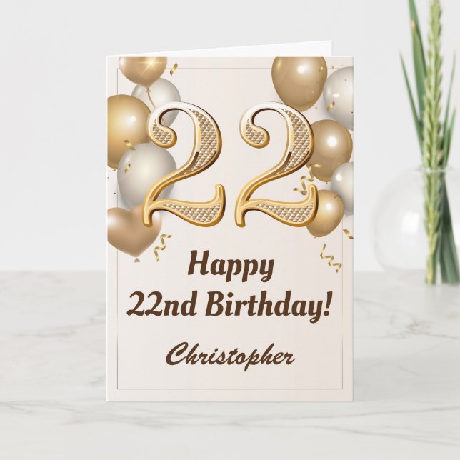 22nd Birthday Gold Balloons and Confetti Birthday Card (Front)