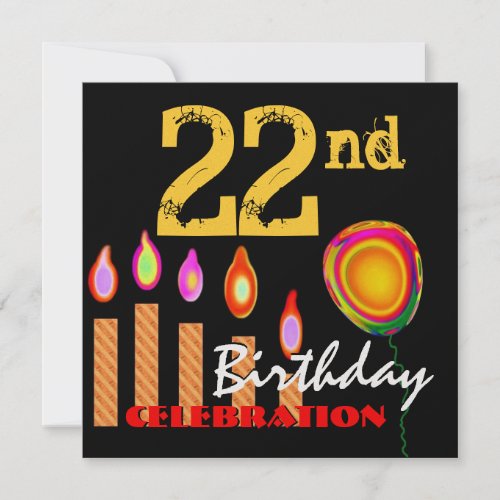 22nd Birthday Gold Candles and Balloon Metallic Invitation