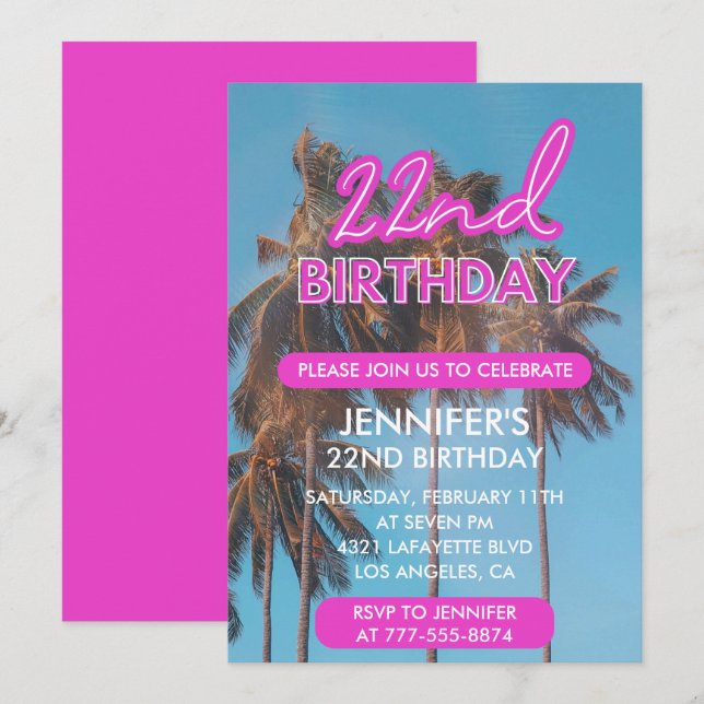 22nd birthday invitation Summer Pink Palm tree (Front/Back)