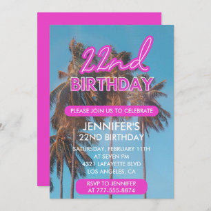 22nd birthday invitation Summer Pink Palm tree
