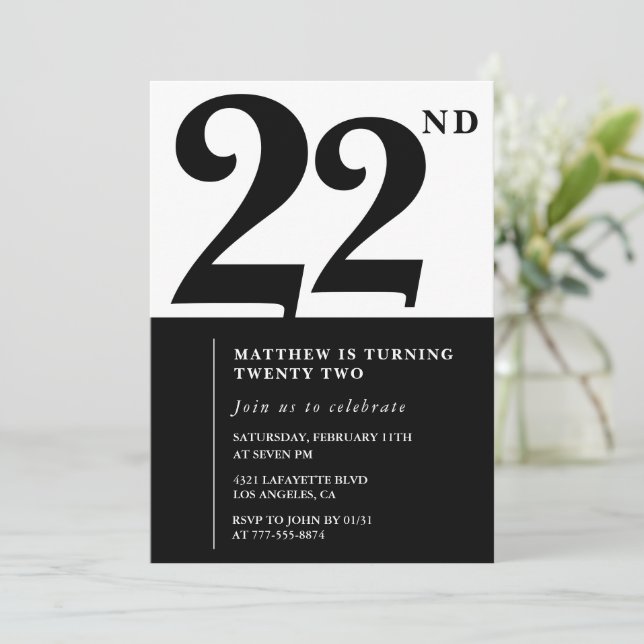 22nd birthday invitations Black and White Elegant (Standing Front)