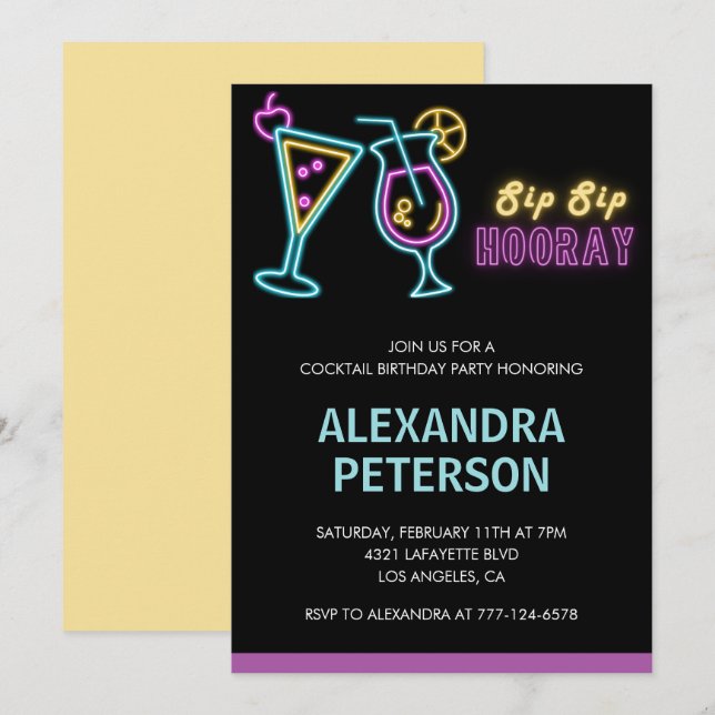 22nd birthday invitations Cocktail Neon Glow (Front/Back)