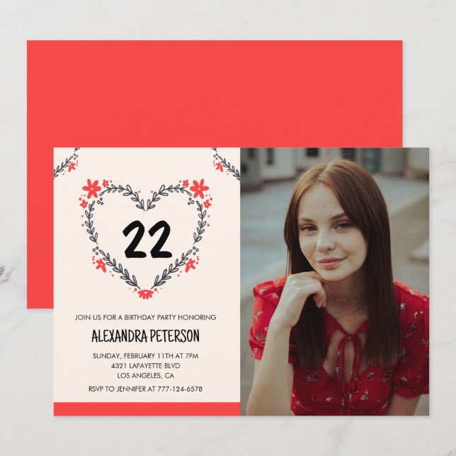 22nd birthday invitations for her Floral Heart (Front/Back)