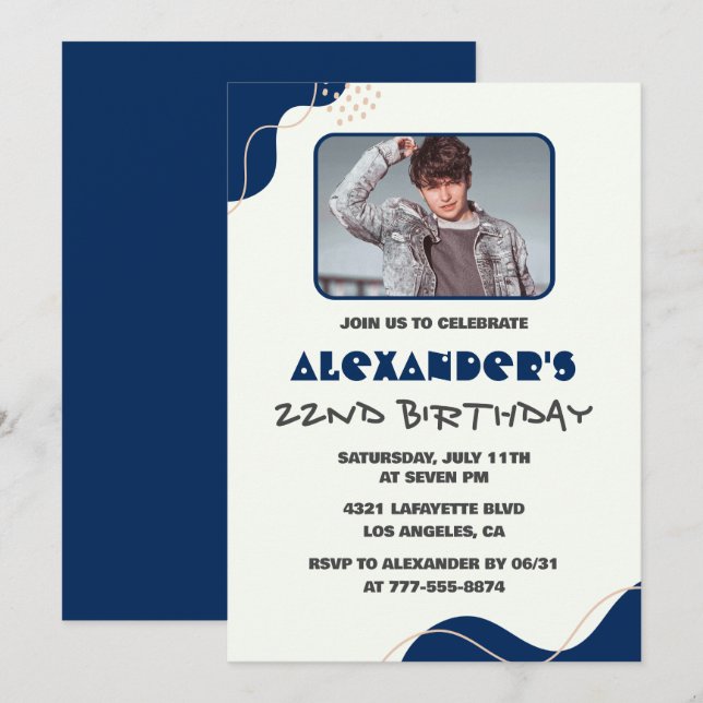 22nd birthday invitations Men Navy Simple Photo (Front/Back)