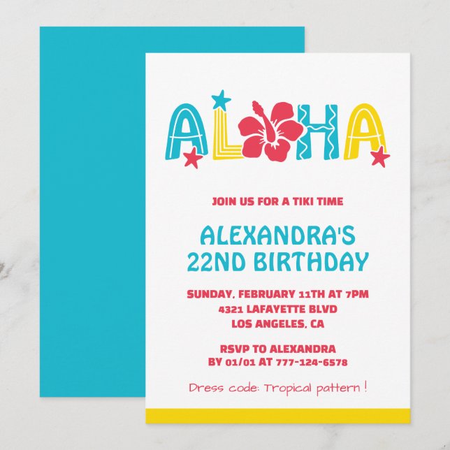 22nd birthday invitations Tropical Aloha Hawaiian (Front/Back)
