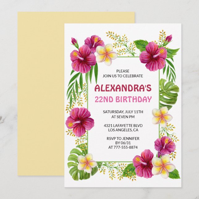 22ND birthday invitations Tropical Floral Pink (Front/Back)