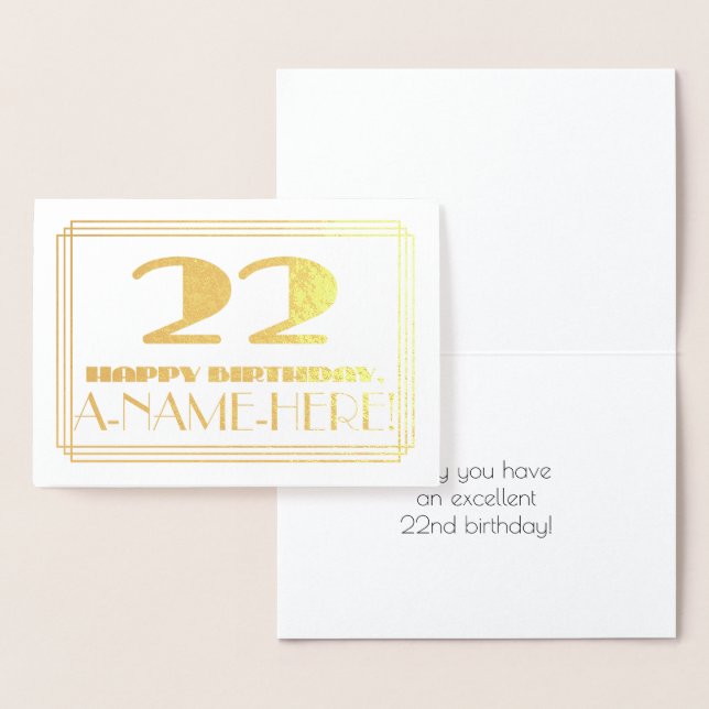 22nd Birthday; Name + Art Deco Inspired Look "22" Foil Card (Display)