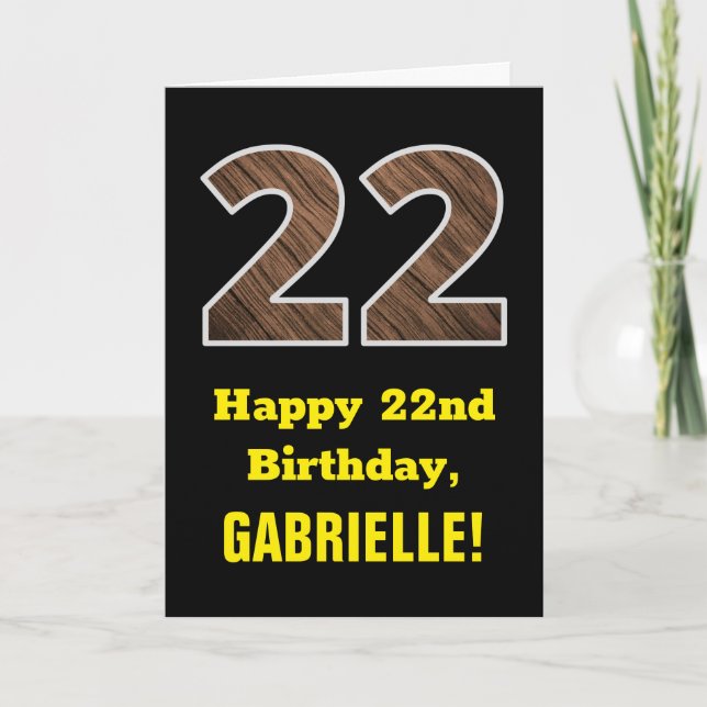 22nd Birthday: Name, Faux Wood Grain Pattern "22" Card (Front)