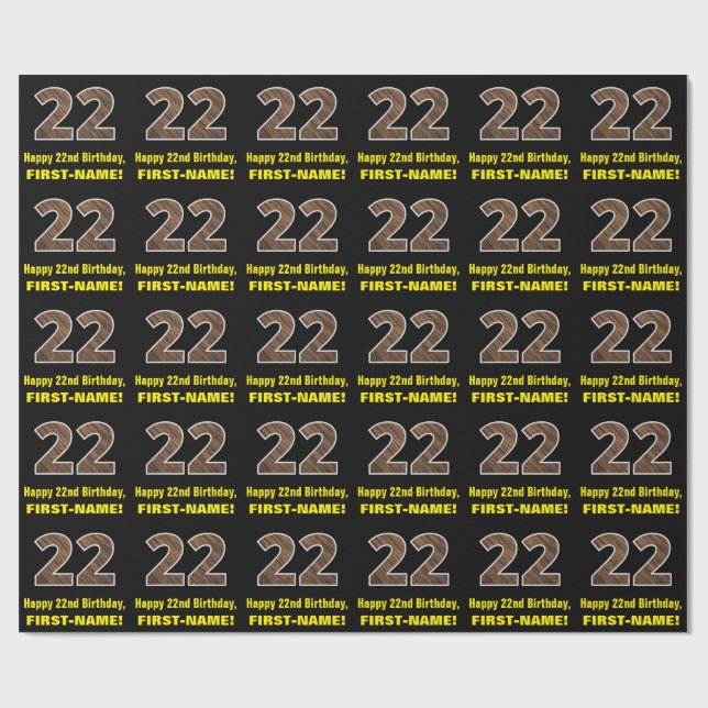 22nd Birthday: Name & Faux Wood Grain Pattern "22" Wrapping Paper (Flat)