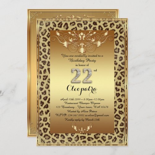 22nd Birthday Party 22nd Royal Cheetah gold plus Invitation