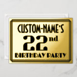 [ Thumbnail: 22nd Birthday Party: Art Deco Look “22” and Name Invitation ]