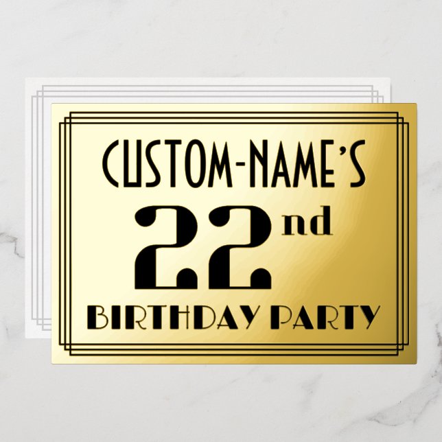 22nd Birthday Party: Art Deco Look “22” and Name Foil Invitation (Front/Back)
