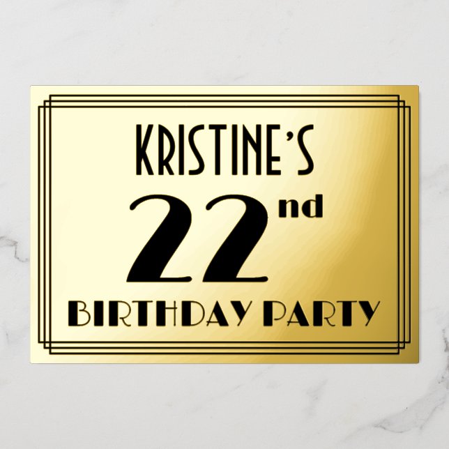 22nd Birthday Party — Art Deco Look “22” + Name Foil Invitation (Front)