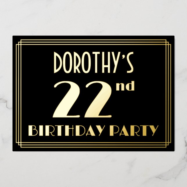 22nd Birthday Party: Art Deco Look “22”, w/ Name Foil Invitation (Front)
