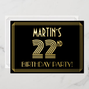 22nd Birthday Party — Art Deco Style “22” + Name Foil Invitation