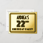[ Thumbnail: 22nd Birthday Party ~ Art Deco Style “22” + Name Postcard ]