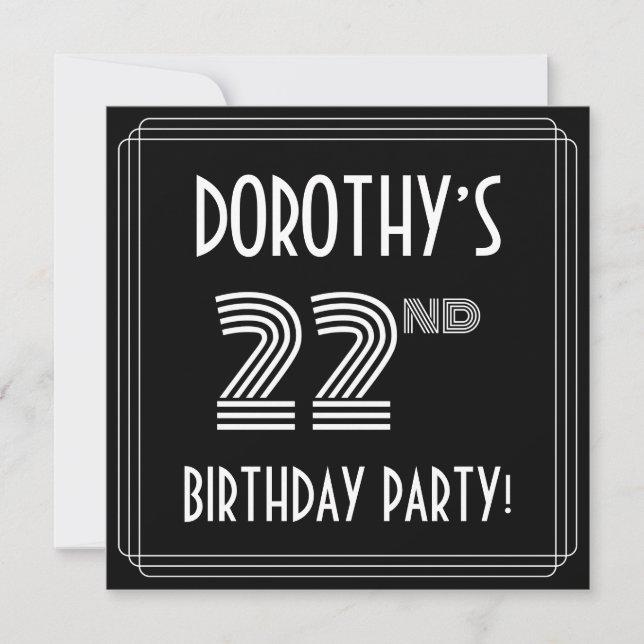 22nd Birthday Party: Art Deco Style w/ Custom Name Invitation (Front)